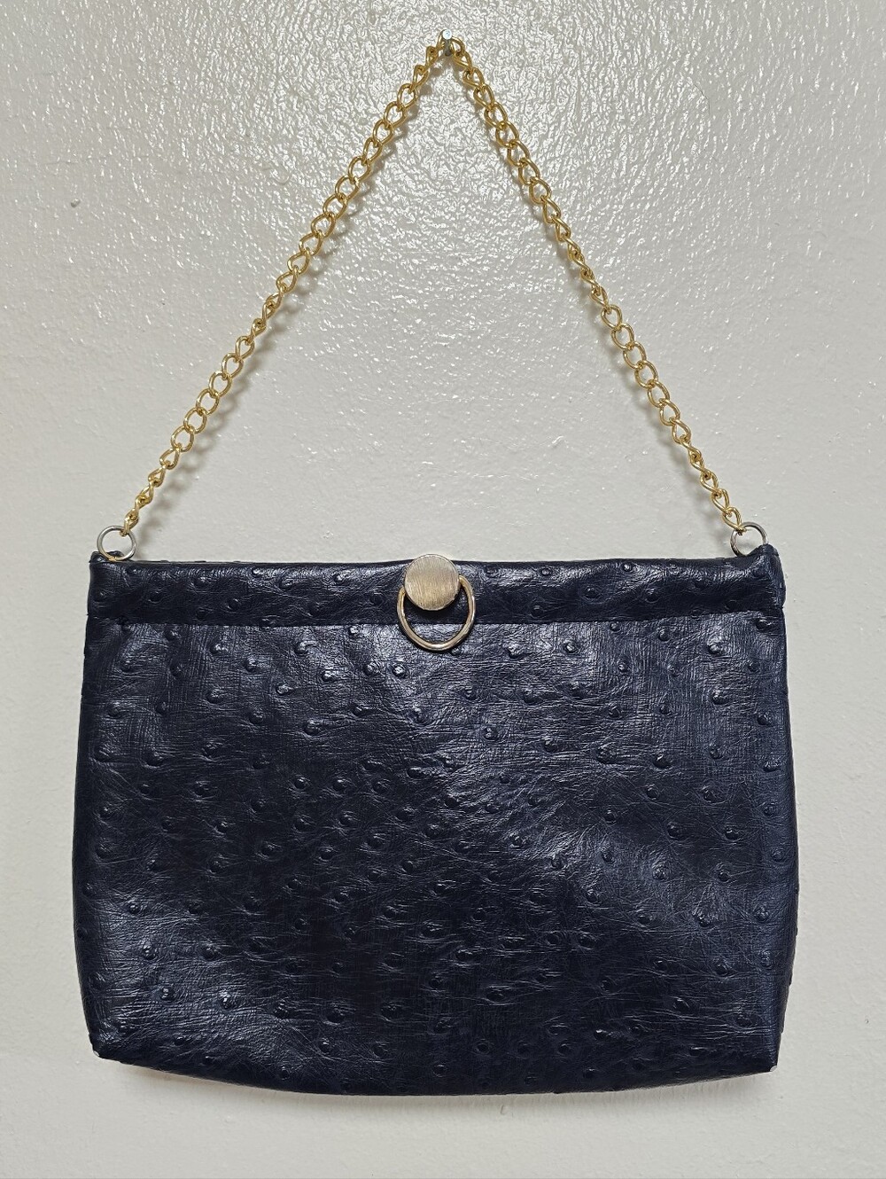 Bueno Vintage Faux Ostrich Navy Handbag With Gold Shoulder Strap